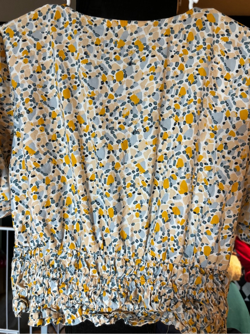Smocked Waist V-Neck Blouse in Yellow and Blue Floral Dot - Picture 4 of 4